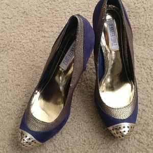 Jennifer Lopez Blue Suede Gold Toe Heels